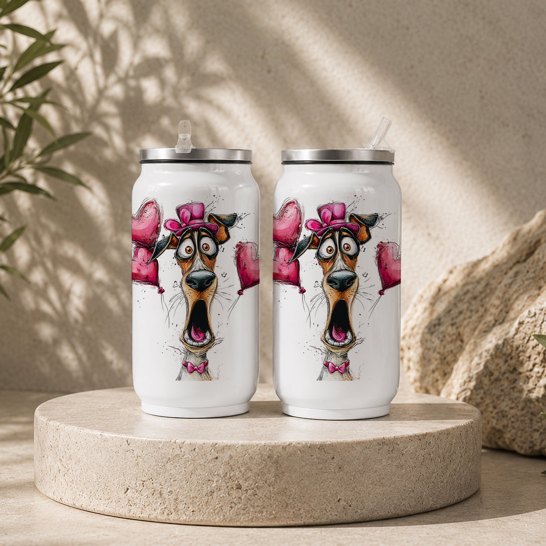 Funny Dog with Pink Hat & Heart Tumbler – Cute Cartoon Valentine Drinkware