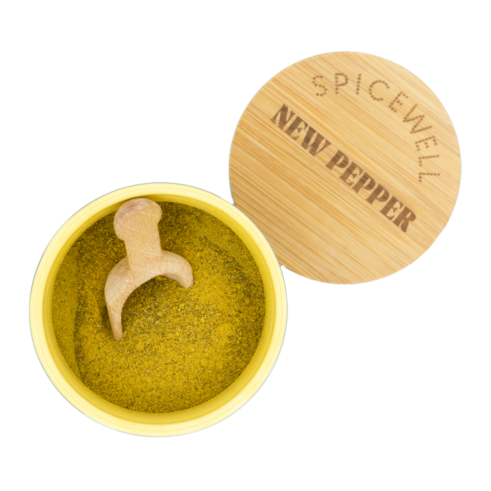 Spicewell - Product - New Pepper Ceramic Pinch Pots Duo With Bamboo Scooper And Product Open Lid