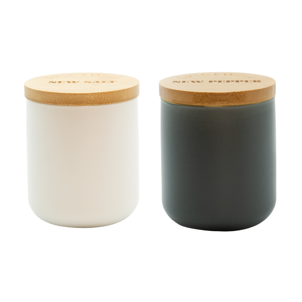 Spicewell - Product - New Salt And New Pepper Ceramic Pinch Pots Duo With Bamboo Scoops