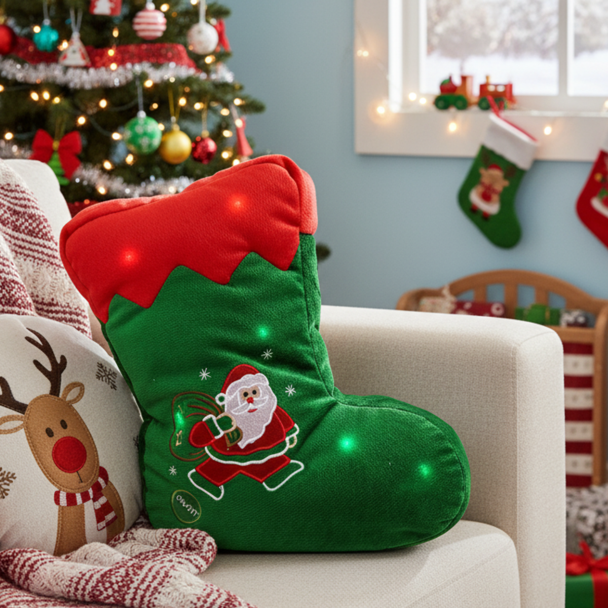 Tache Squishy Light Up Cute Christmas Santa Stocking Microbead LED Throw Pillow