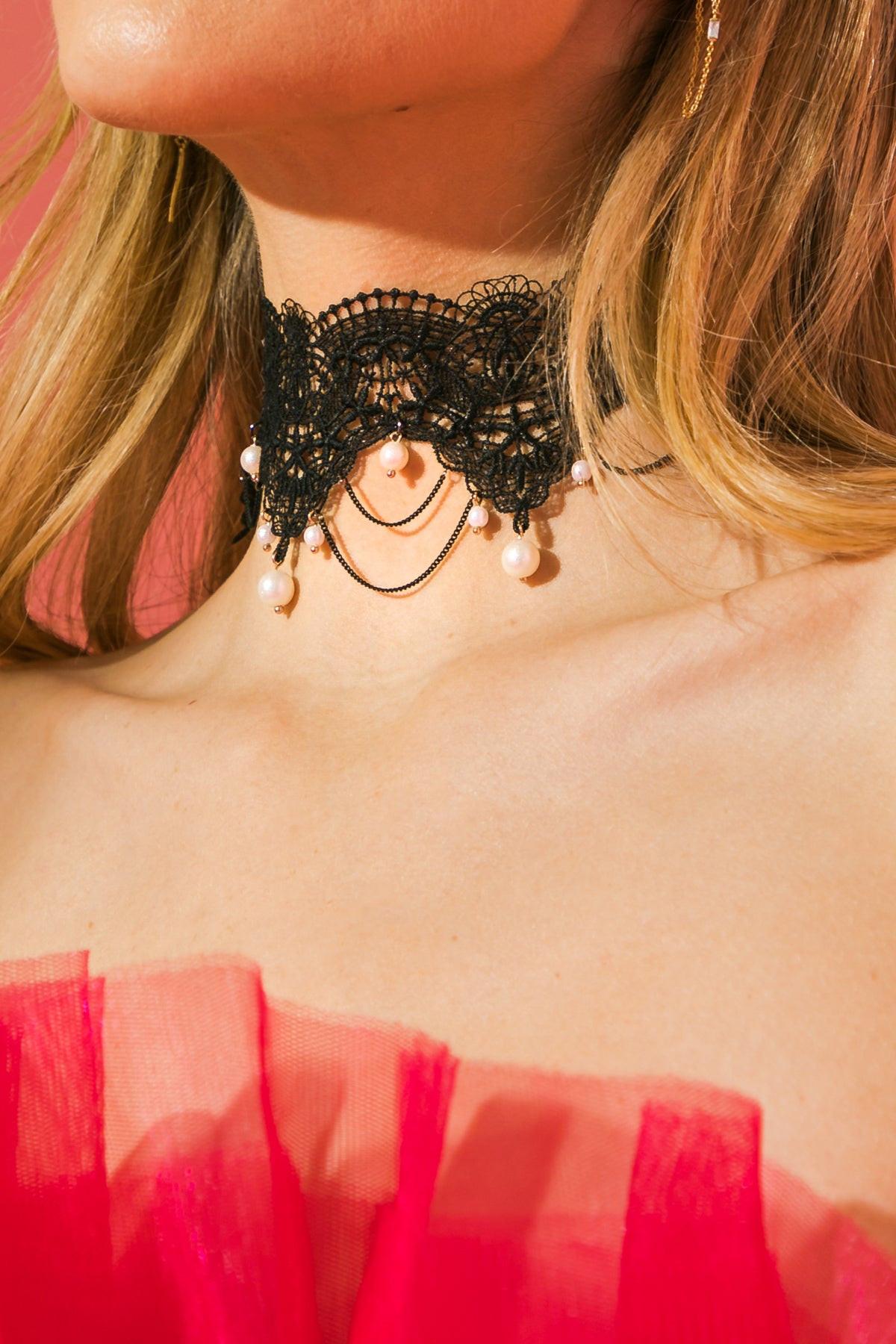 Choose Happiness Lace Pearl Choker Necklace