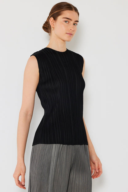 Marina West Pleated Sleeveless Tank Top (T01SL) - Black