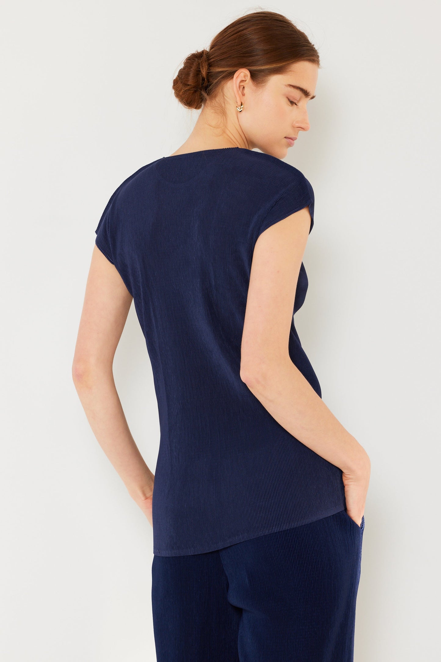 Marina West Pleated Cap Sleeve Top (T03CS) - Navy