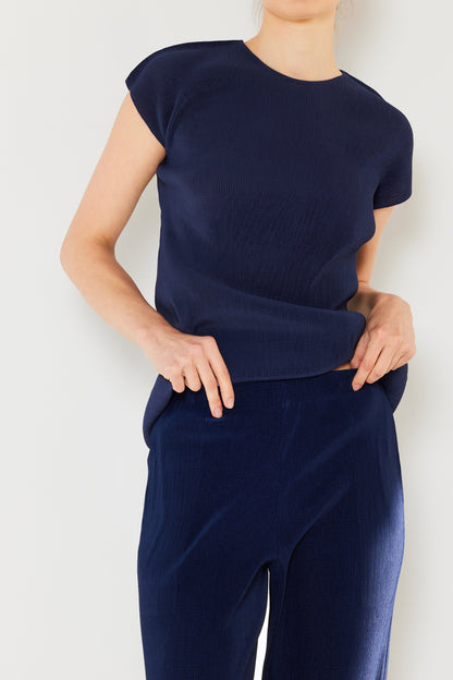 Marina West Pleated Cap Sleeve Top (T03CS) - Navy