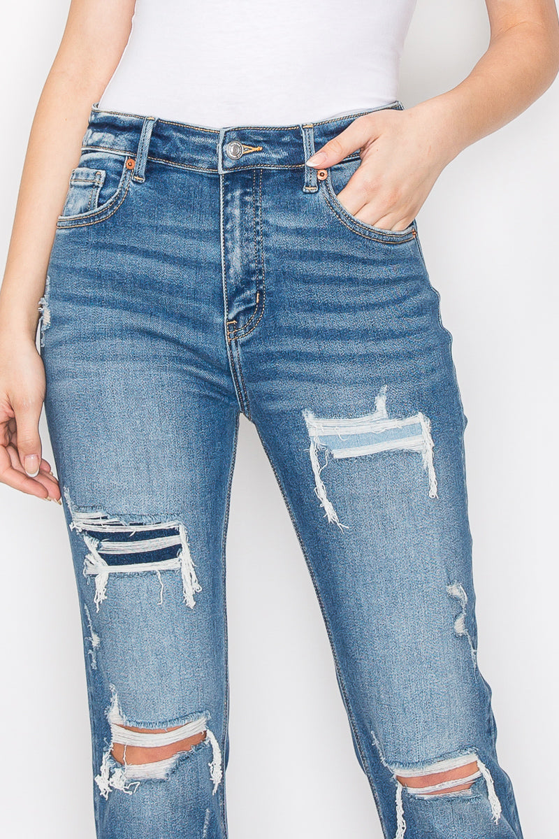 Mesh Tummy Control High Rise Straight With Single Cuff Jeans...