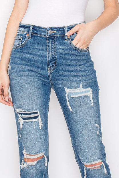 Mesh Tummy Control High Rise Straight With Single Cuff Jeans...