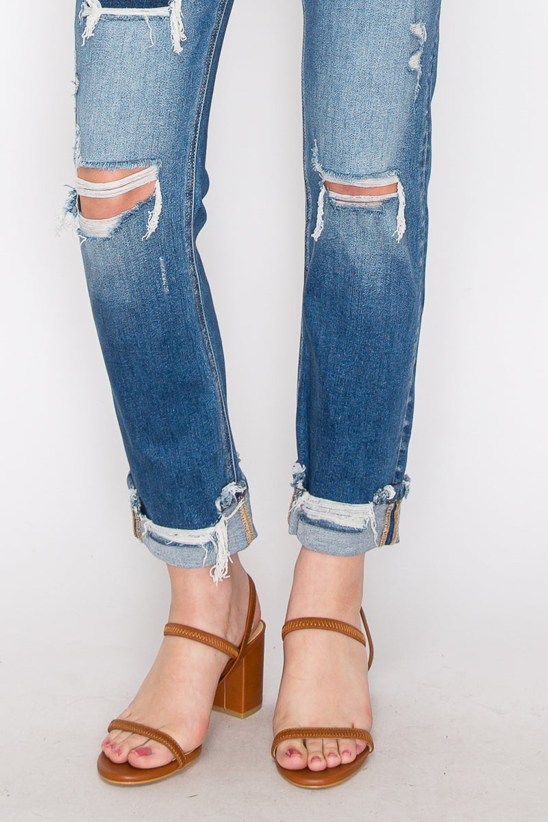 Mesh Tummy Control High Rise Straight With Single Cuff Jeans...