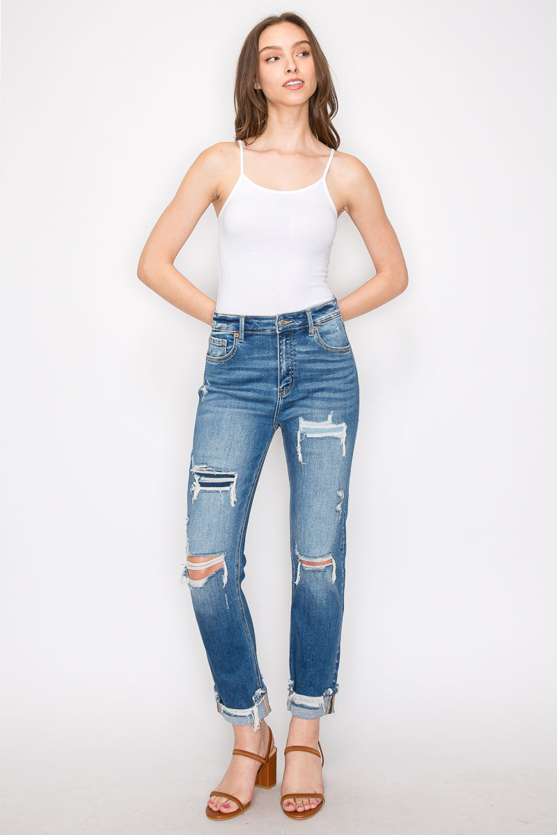 Mesh Tummy Control High Rise Straight With Single Cuff Jeans...