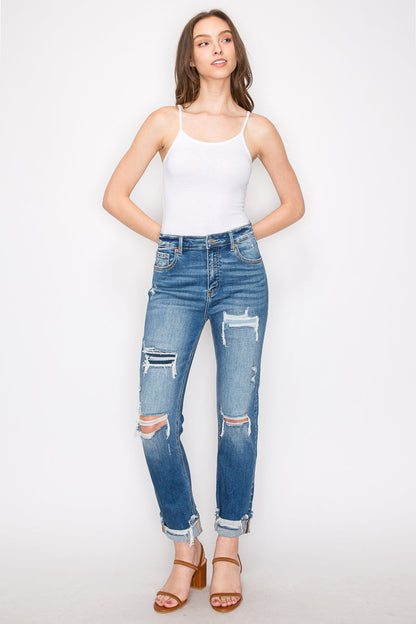 Mesh Tummy Control High Rise Straight With Single Cuff Jeans...