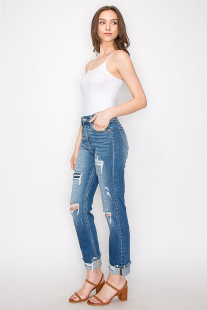Mesh Tummy Control High Rise Straight With Single Cuff Jeans...