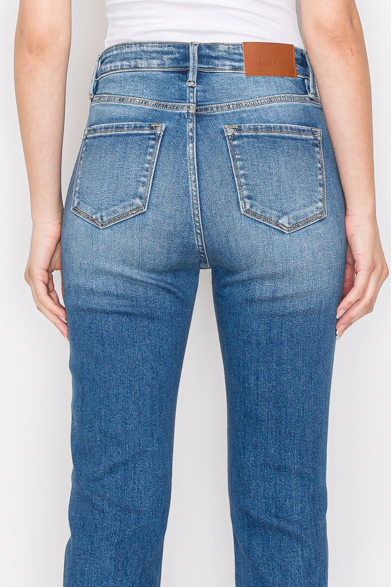 Mesh Tummy Control High Rise Straight With Single Cuff Jeans...