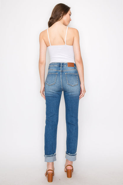 Mesh Tummy Control High Rise Straight With Single Cuff Jeans...