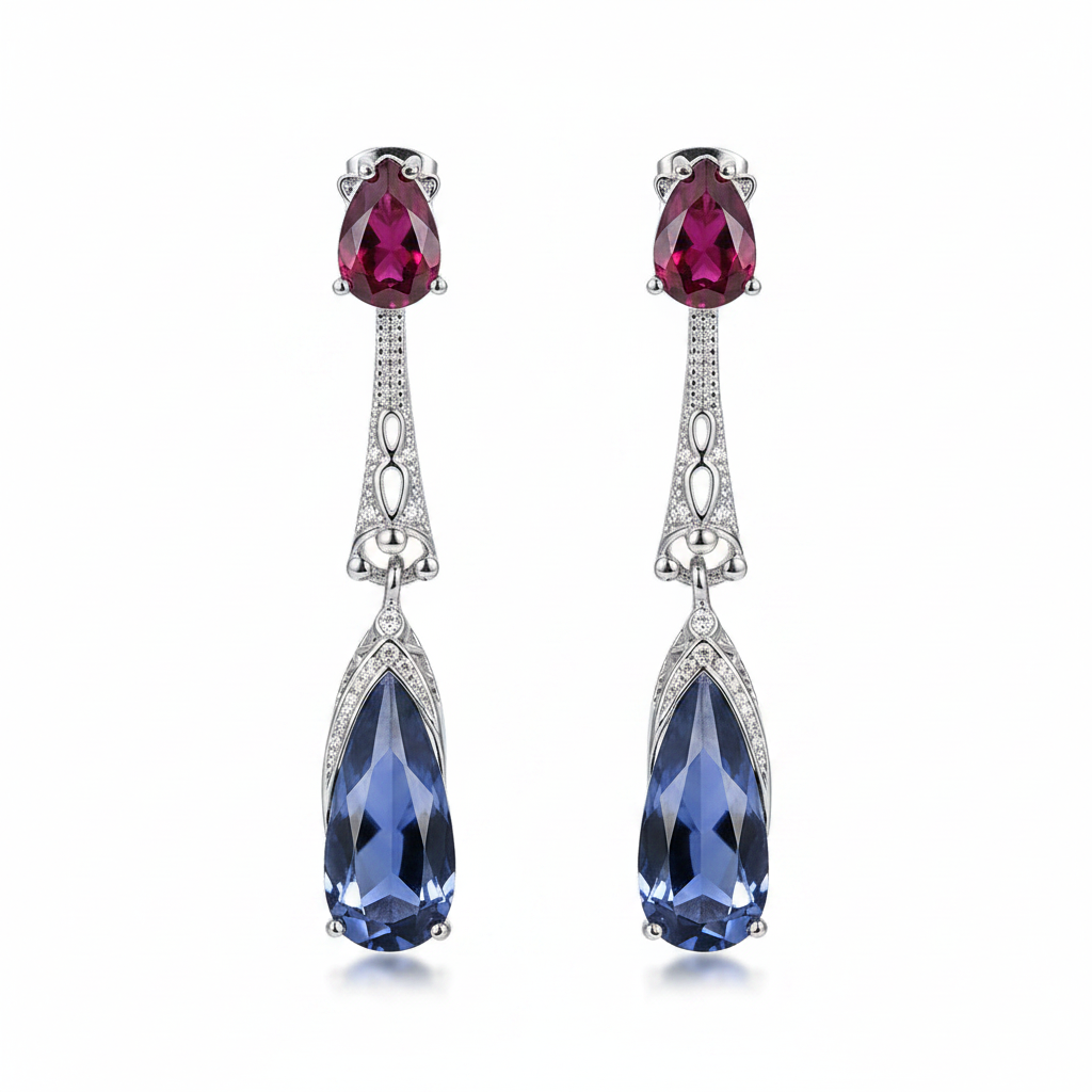 Red & Dark Blue Crystal Drop Earrings