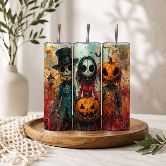 Halloween Skeleton Couple & Pumpkin 20oz Skinny Tumbler – Spooky Gothic Art Drinkware