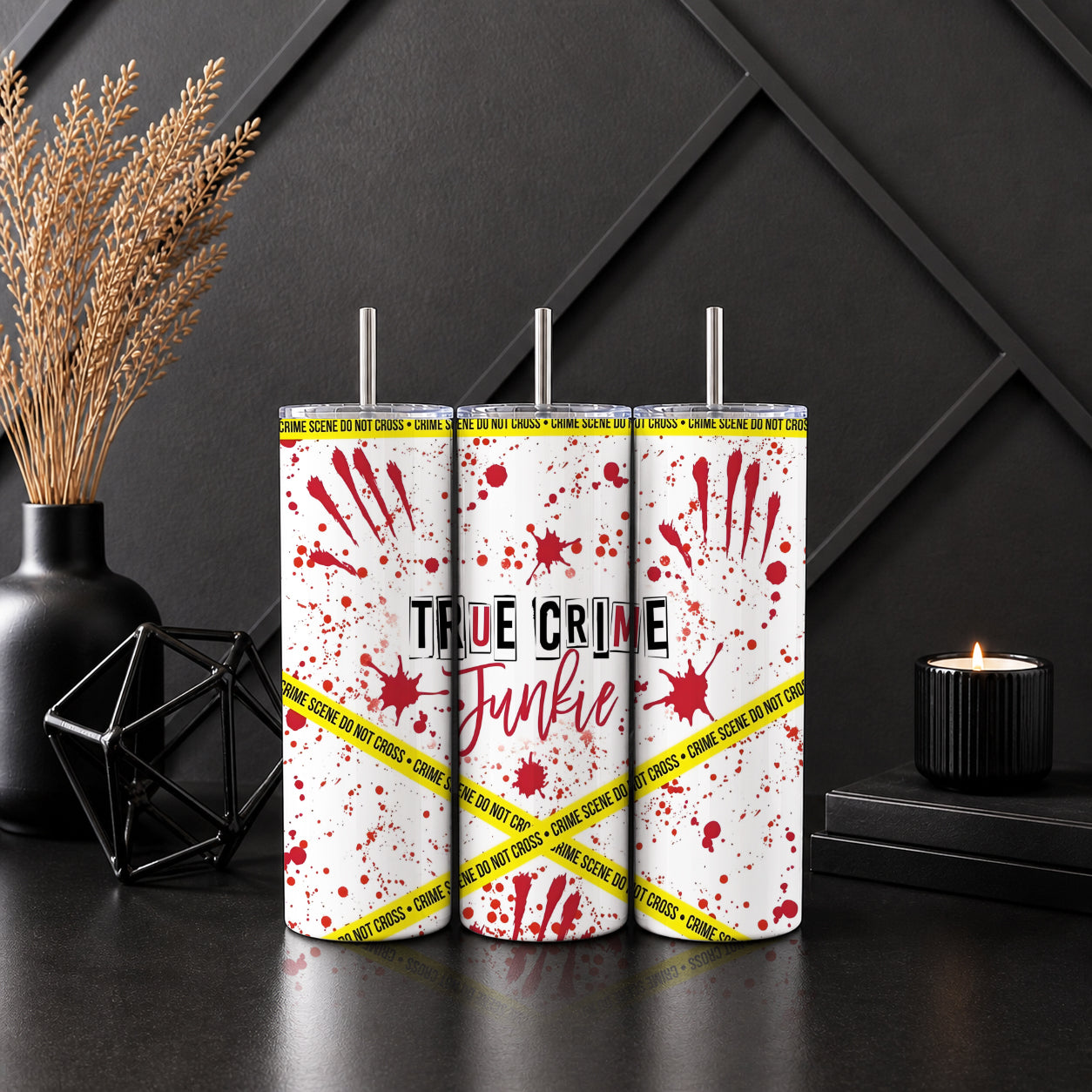 True Crime Junkie Tumbler yellow Tape — Sip Society USA