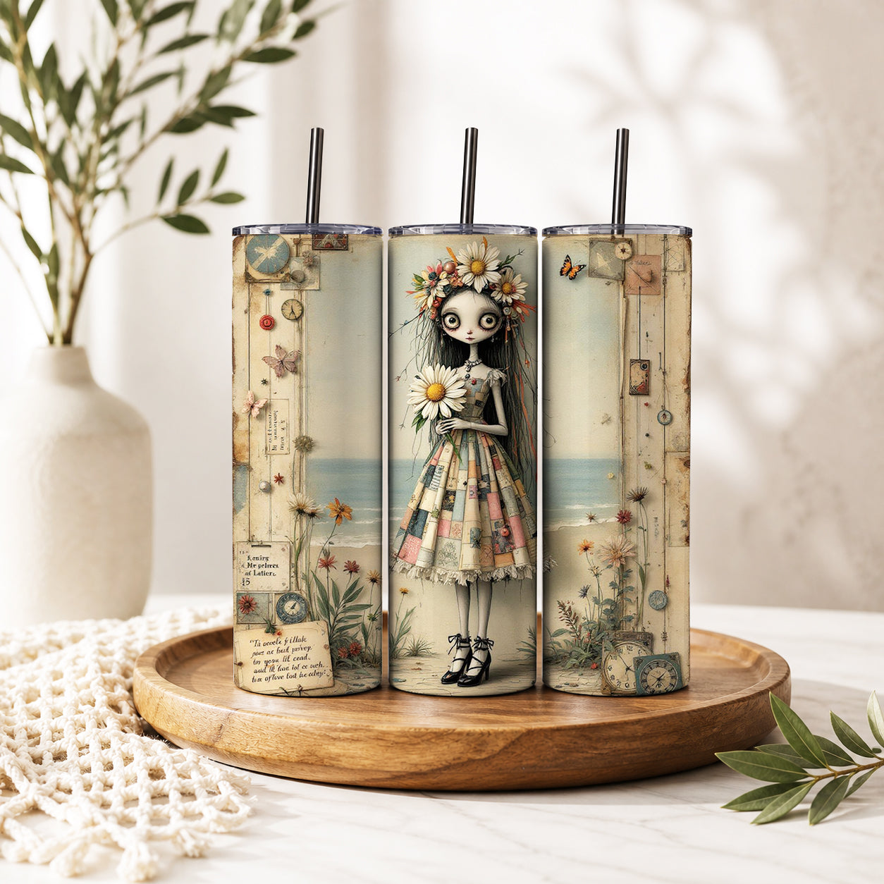 Whimsical Gothic Doll Daisy 20oz Skinny Tumbler – Vintage Junk Journal Drinkware