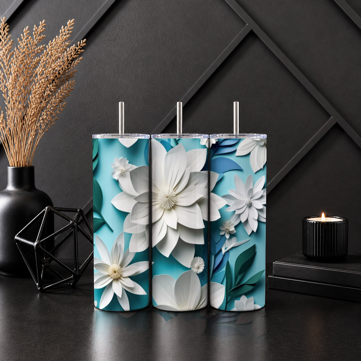 3D White Flowers Teal 20oz Skinny Tumbler – Elegant Paper Art Floral Drinkware