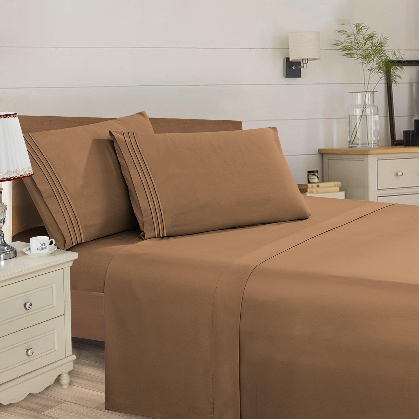 Elegant Comfort Essential 4-Piece 3-Line Embroidery Sheet Set, Soft as a Hotel Premium Quality,  Moody Shades