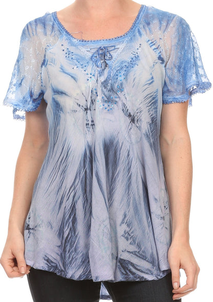 Sakkas Taylay Ombre Tie Dye Batik Long Embroidered Corset Neck Blouse Shirt Top