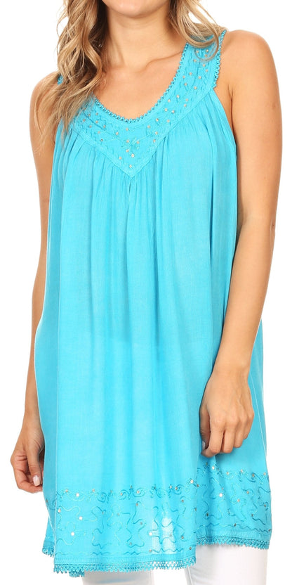 Sakkas Rita Womens Picot Trim V Neck Tank Blouse With Seqins And Embroidery