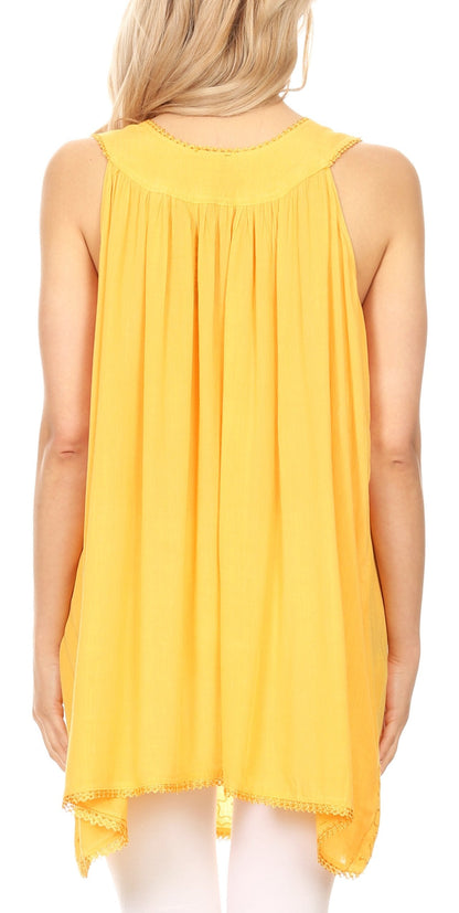 Sakkas Rita Womens Picot Trim V Neck Tank Blouse With Seqins And Embroidery