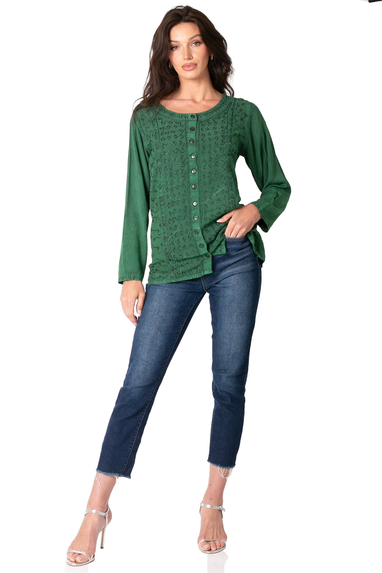 Sakkas Fedella Deep Scoop Neck Long Sleeve Blouse Top With Adjustable Back Straps