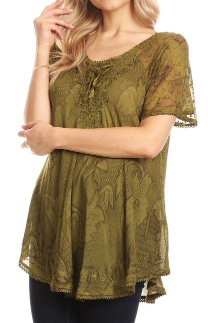 Sakkas Maliky Wide Corset Neck Floral Embroidered Cap Sleeve Blouse Top Shirt
