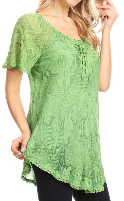 Sakkas Maliky Wide Corset Neck Floral Embroidered Cap Sleeve Blouse Top Shirt
