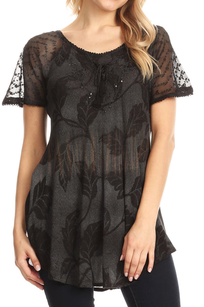 Sakkas Parisa Casual Summer Short Sleeve Top Blouse with Corset and Embroidery - Buy One Get One