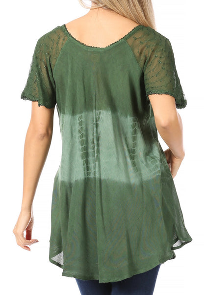 Sakkas Parisa Casual Summer Short Sleeve Top Blouse with Corset and Embroidery - Buy One Get One