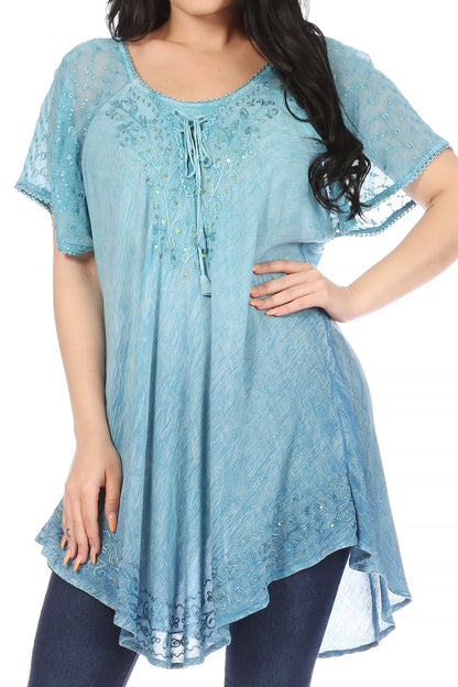 Sakkas Donna Women's Casual Lace Short Sleeve Tie Dye Corset Loose Top Blouse