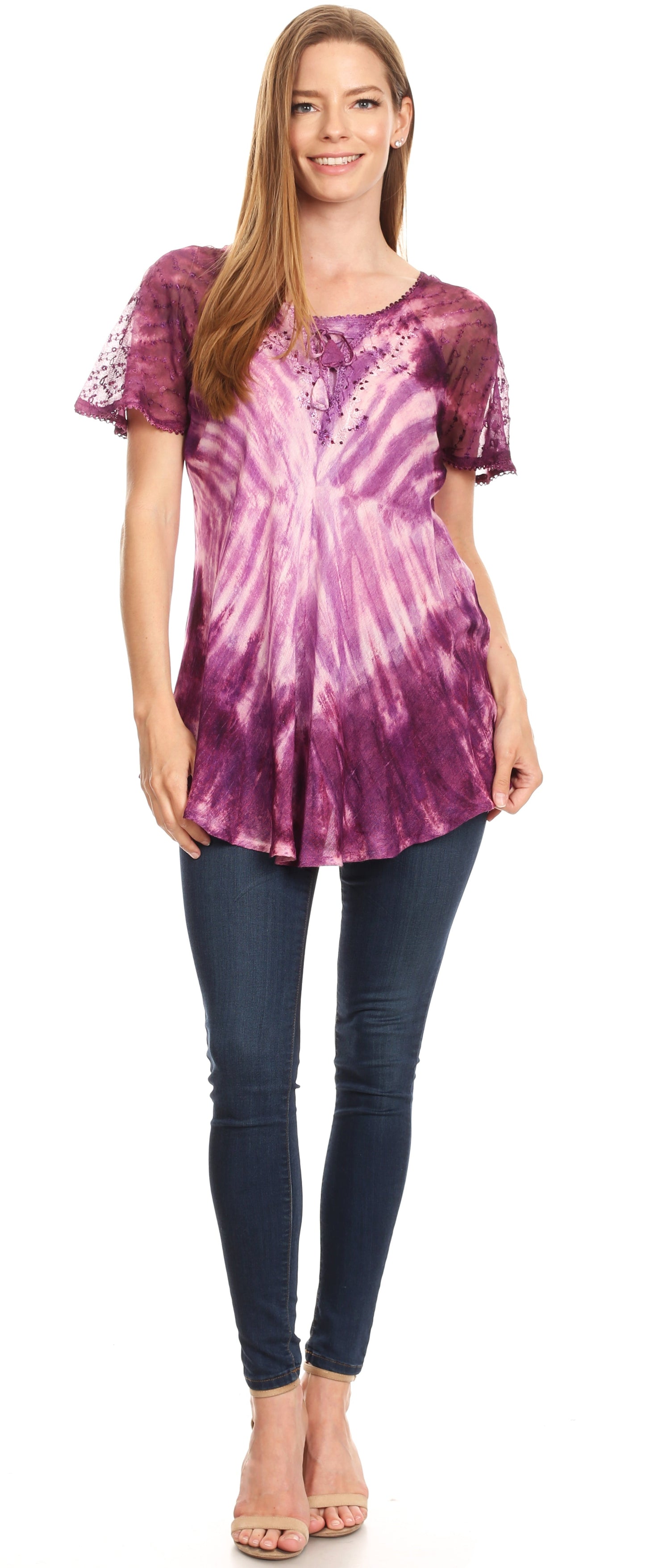 Sakkas Donna Women's Casual Lace Short Sleeve Tie Dye Corset Loose Top Blouse