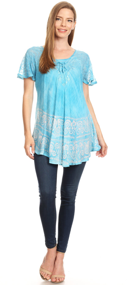 Sakkas Marzia Women's Loose Fit Short Sleeve Casual Tie Dye Batik Blouse Top Tunic