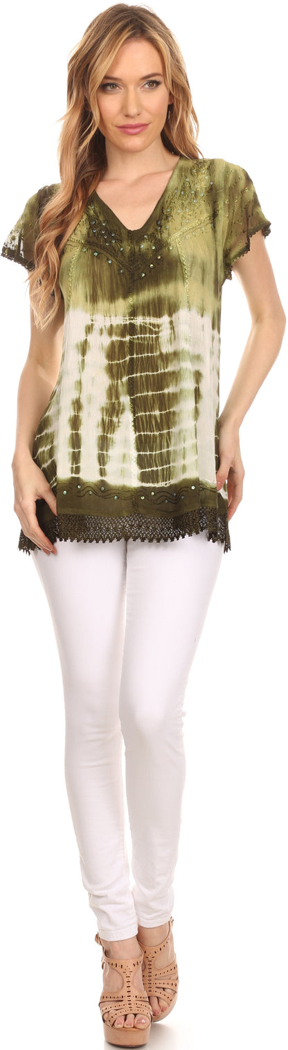 Sakkas Violet Embroidery Tie Dye Sequin Accents Blouse / Top