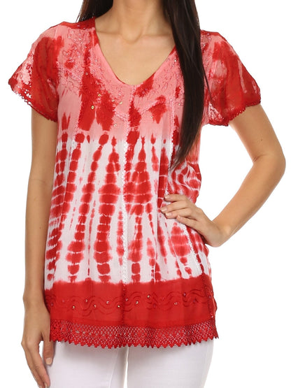 Sakkas Violet Embroidery Tie Dye Sequin Accents Blouse / Top