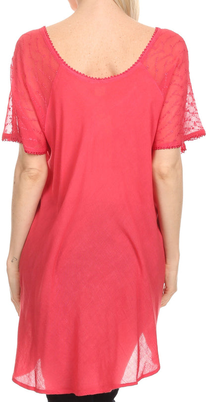 Sakkas Albina Island Relaxed Fit Embroidery Cap Sleeves Blouse / Top