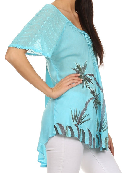 Sakkas Albina Island Relaxed Fit Embroidery Cap Sleeves Blouse / Top