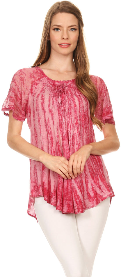 Sakkas Zoya Marbled Embroidery  Cap Sleeves Blouse / Top