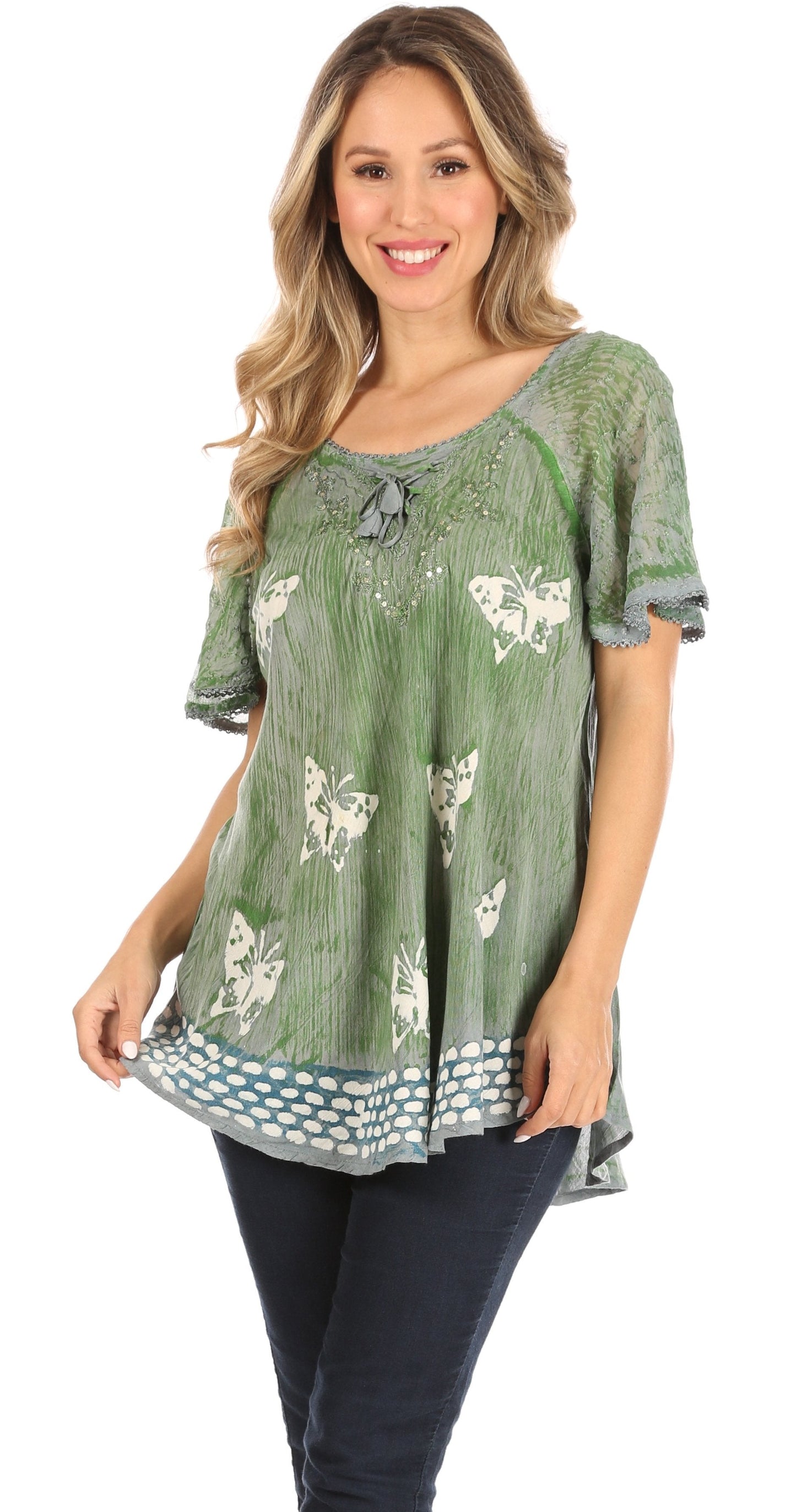 Sakkas Petra Women's Casual Loose Flared Corset Short Sleeve Lace Blouse Top Tunic