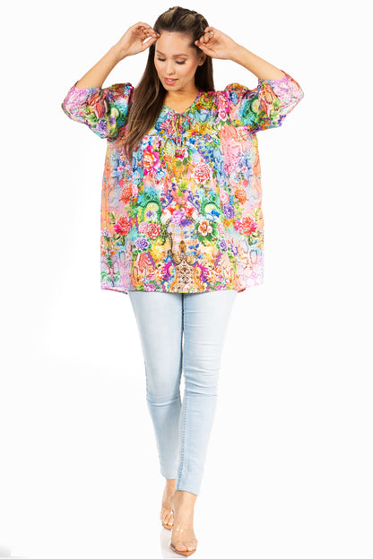 Sakkas Ligia Floral Tunic: Women's 3/4 Sleeve Blouse