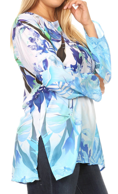 Sakkas Linea Women's Casual Floral Print Long Sleeve Swing Boho Pullover Tunic Top