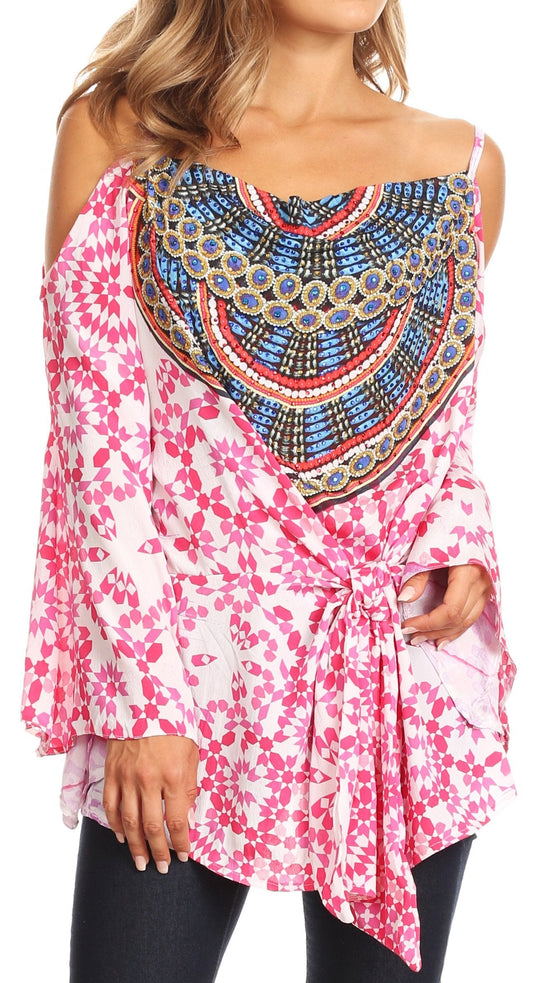 Sakkas Bosede Off Shoulder Bell Sleeve Casual Top Blouse w/Print and Rhimestones