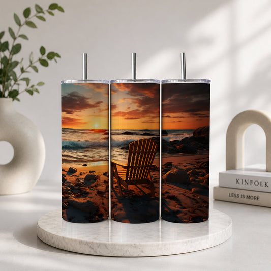 Beach Sunset Adirondack Chair Tumbler – Ocean Waves Coastal Scenic Drinkware