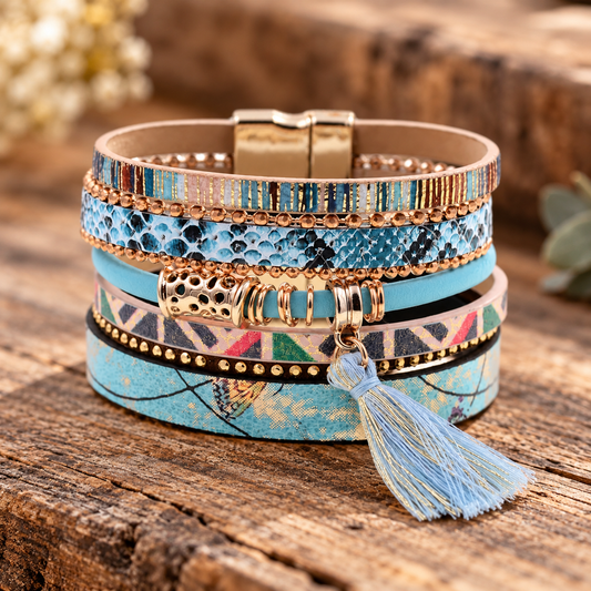 Turquoise & Goldtone Multi-Patterned Faux Leather Bracelet with Tassel