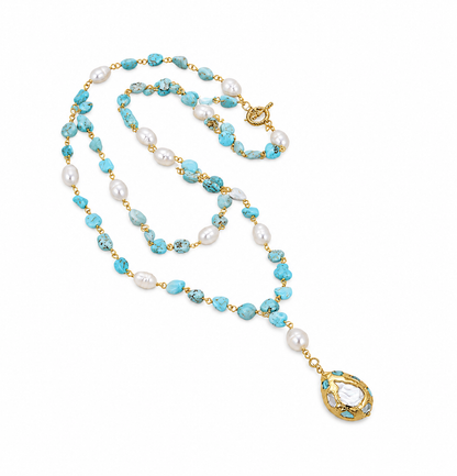 Ocean-Blue Larimar & Freshwater Pearl Necklace in Gold-Plated Brass