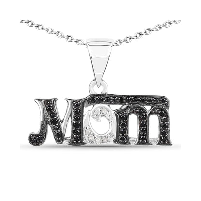 0.30 CTTW Round Black Spinel and White Diamond Prong Silver Mom Pendant Necklace