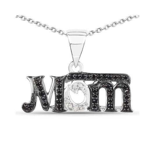 0.30 CTTW Round Black Spinel and White Diamond Prong Silver Mom Pendant Necklace
