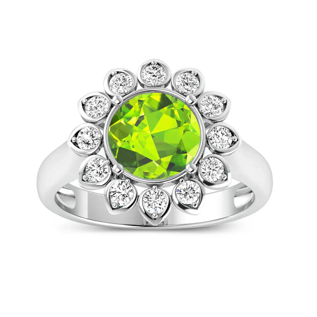 2.21 Ct Round Green Peridot and White Diamond Prong Silver Halo Floral Ring