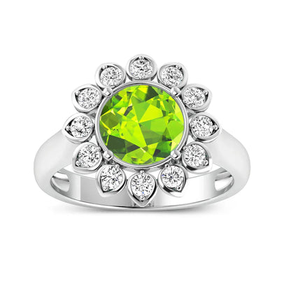 2.21 Ct Round Green Peridot and White Diamond Prong Silver Halo Floral Ring