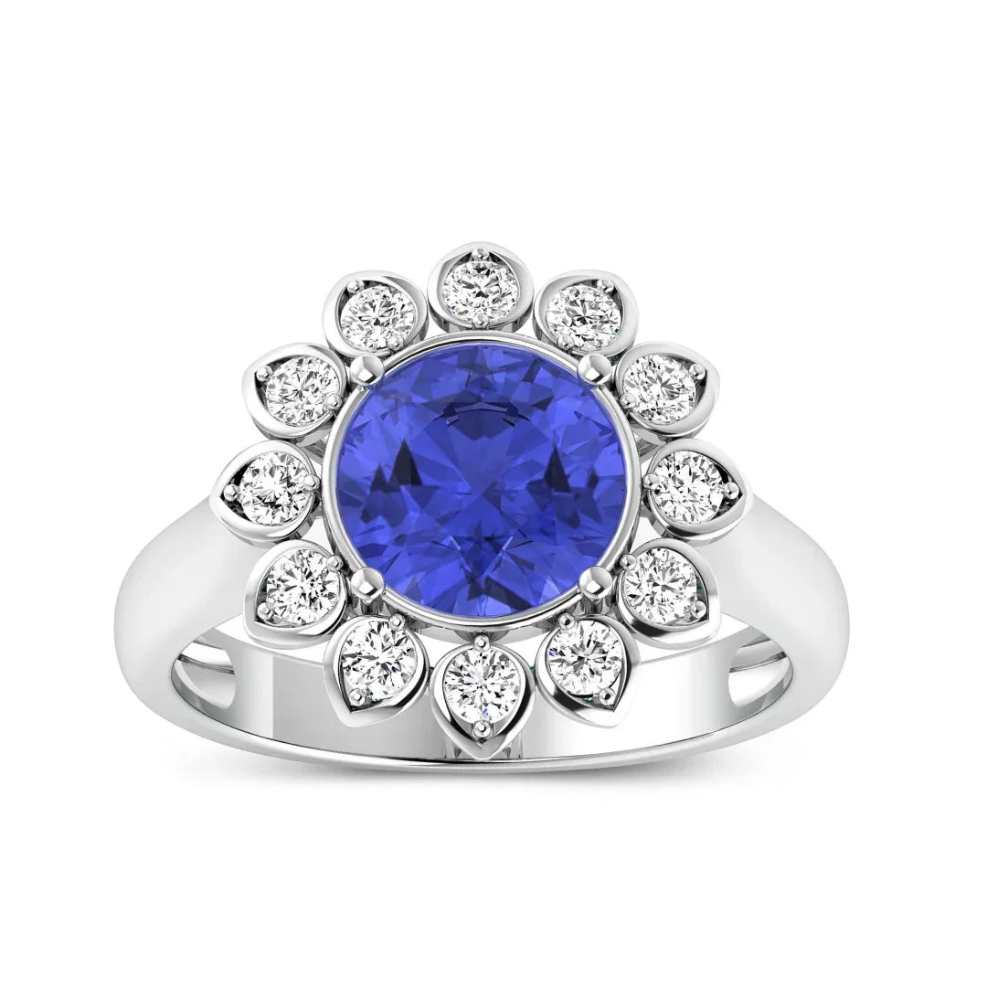 2.38 Ct Round Violet Tanzanite and White Diamond Prong 14k Gold Halo Statement Floral Ring
